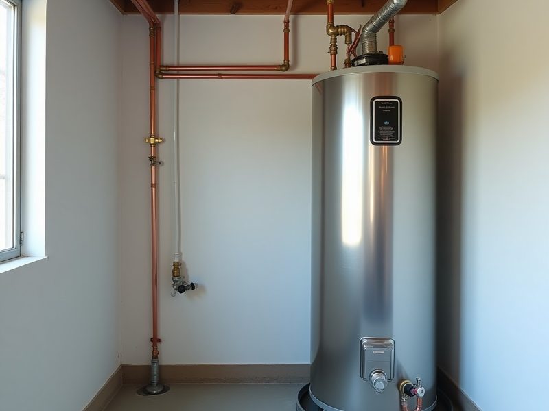 New 50 gallon water heater installed in a garage utility closet with new shutoff valves and expansion tank.
