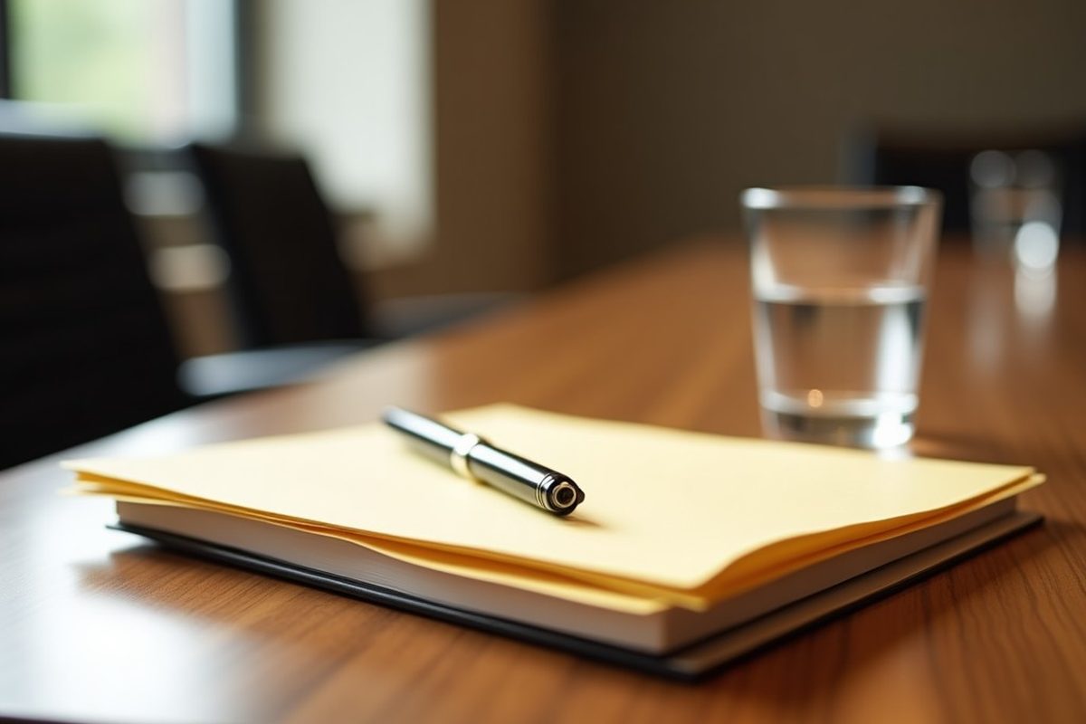 A corner of a wooden conference table in daylight, with a closed file folder, a legal pad and a pen resting on it.