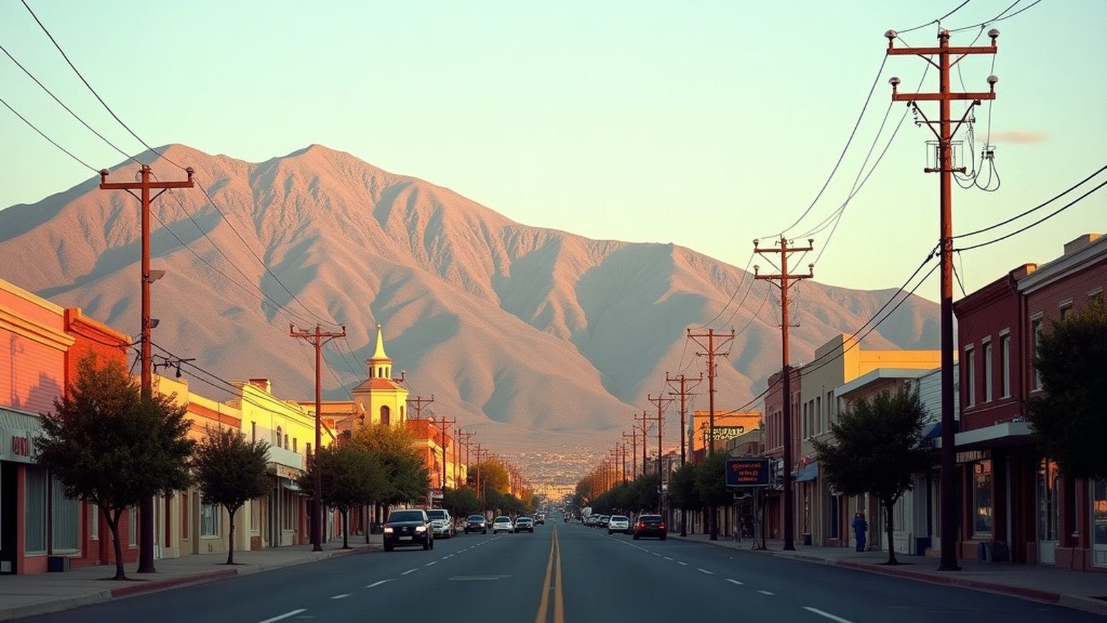 Lomas Boulevard looking east toward the Sandia Mountains on a clear Albuquerque afternoon, with low downtown buildings along the street.