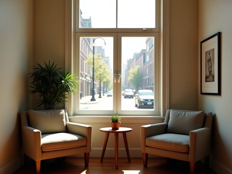 A quiet reception area with two upholstered chairs, a side table and a tall window looking onto the street.