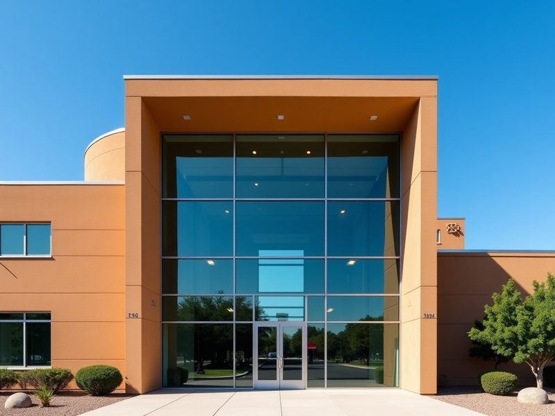 A modern glass and stone courthouse facade in downtown Albuquerque under a bright sky.