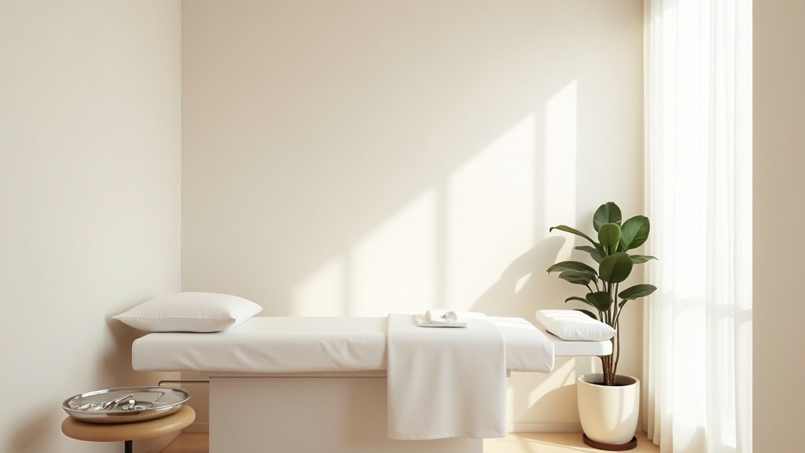 The treatment room at Sereno, with linen curtains, a wood bench and afternoon light across a plaster wall.