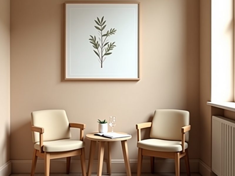 A quiet consultation room with two chairs, a plaster wall and a window facing the Sandia foothills.