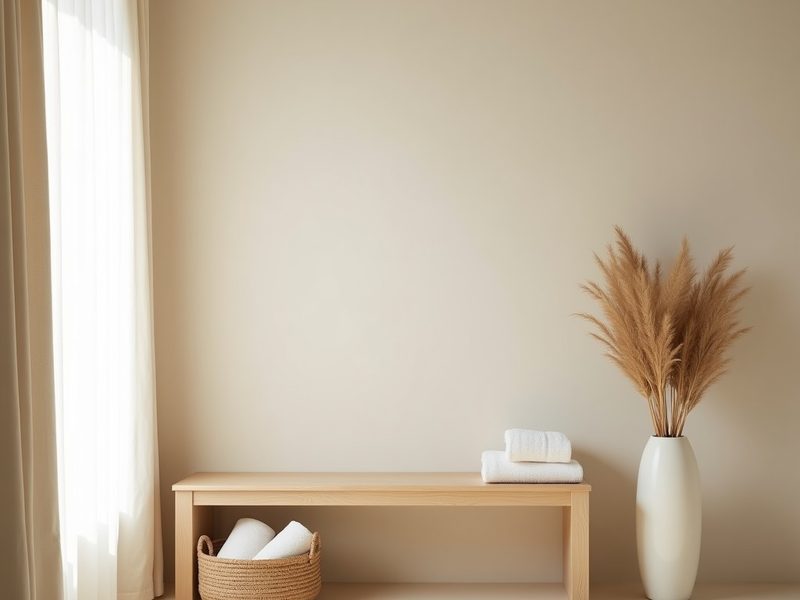 Shelves of unbranded skincare bottles and mineral sunscreen tubes against a warm adobe coloured wall.
